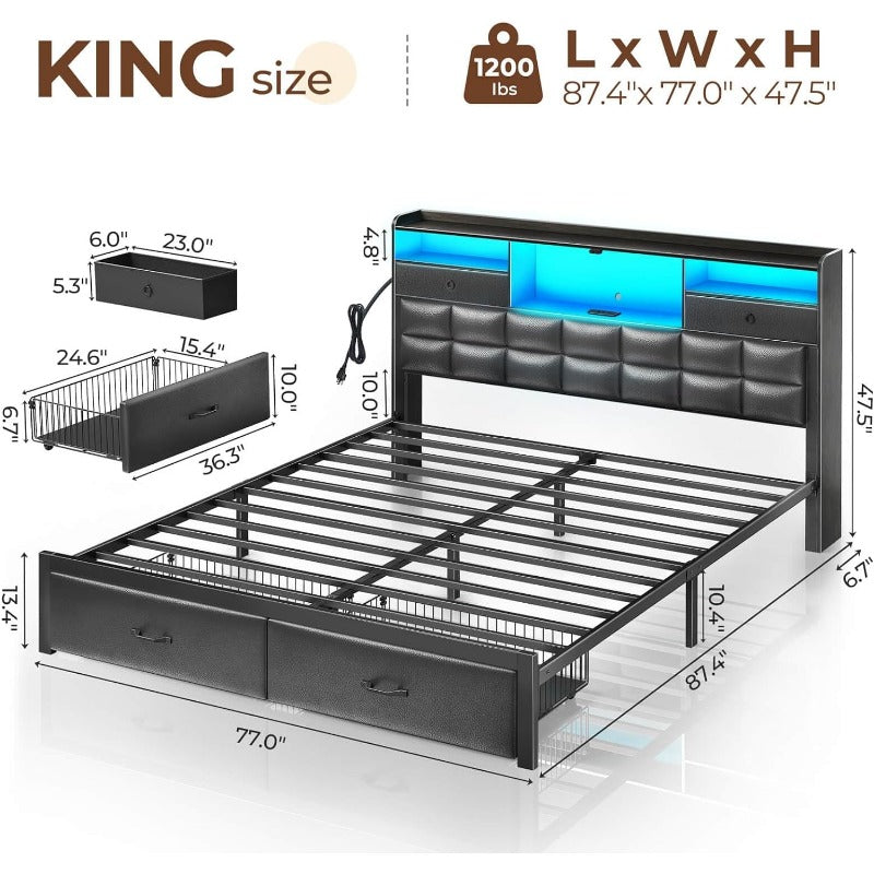 Bed Frame Full/Queen/King Size with Drawers and Charging Station, Upholstered Platform Bed with Storage Headboard and LED Light, Heavy Duty Metal Frame Support, No Box Spring Needed, Noise Free,