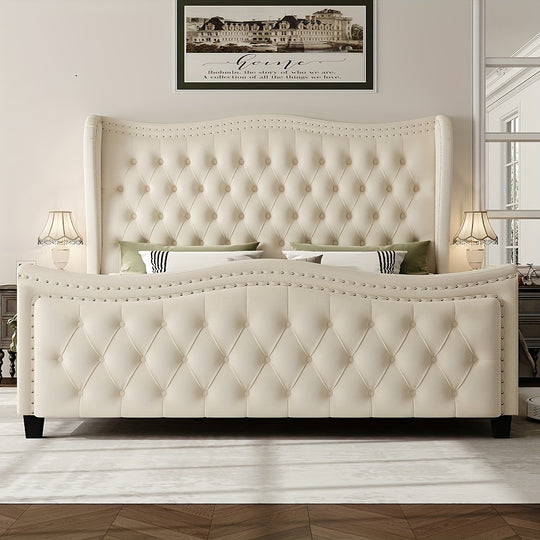 FULTRU Full/Queen/King 55" Headboard Upholstered Bed, Bed Frame with Tall Footbaord, Velvet Handmade Pleats Deep Button Tufted Wingback Platform Bed, No Box Spring Required/Wood Slat Support