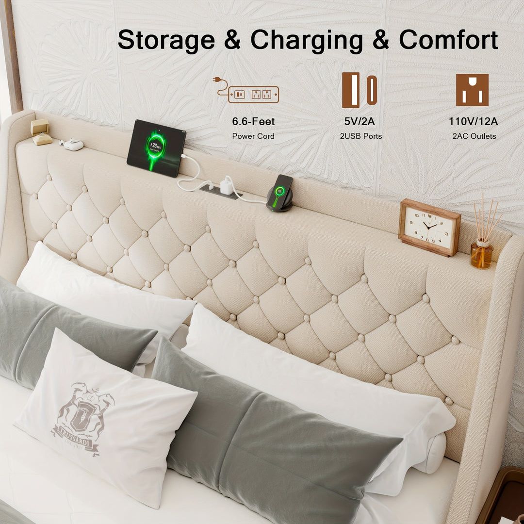 Upholstered Bed Frame with Storage Drawers, Wingback Headboard, Charging Station, No Box Spring Needed