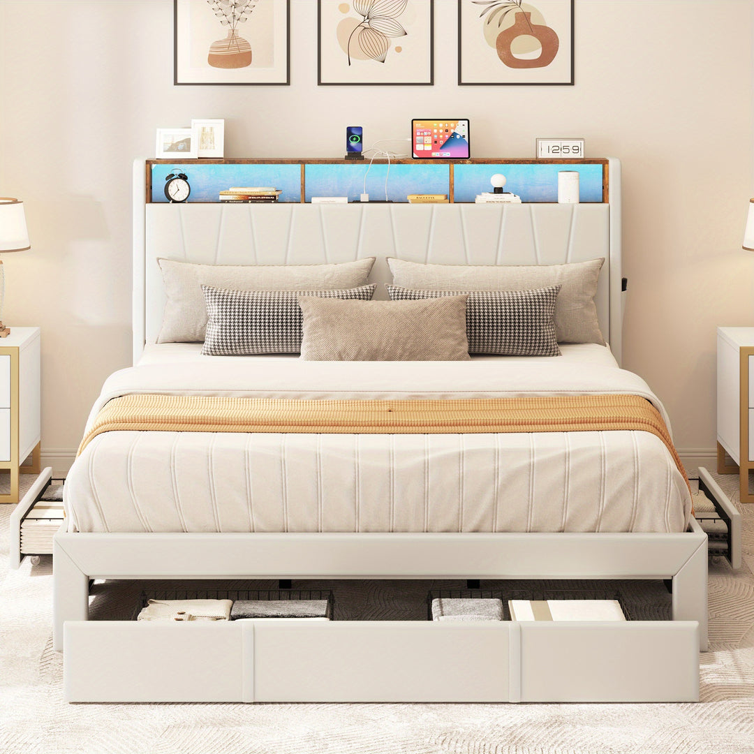 FurnaNova King Size Bed Frame, Storage Bed Frame w/ LED Lighting & 4 Drawers, Upholstered Platform Bed Frame with Charging Station & Storage Headboard, No Box Spring Required, Easy Assembly, Beige