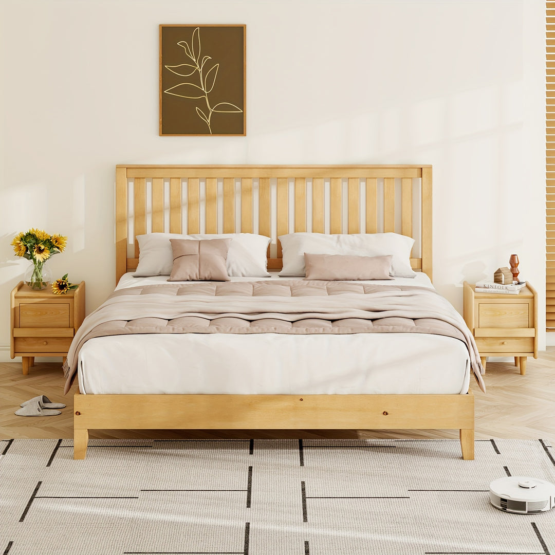 Solid Wood Bed Frame with Headboard, Mid-Century Platform Bed with Wood Slat Support/No Box Spring Needed/Easy Assembly