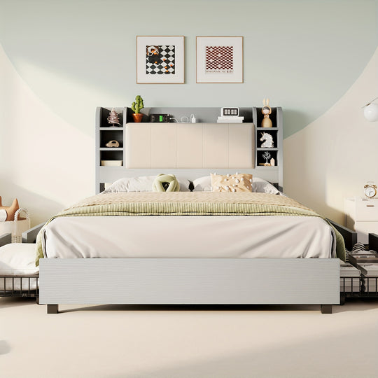 Upholstered Bed Frame With 4 Storage Drawers, Industrial Bed Frame With 47.2" Bookcase Headboard, Wooden Platform Bed With Charging Station And Drawers