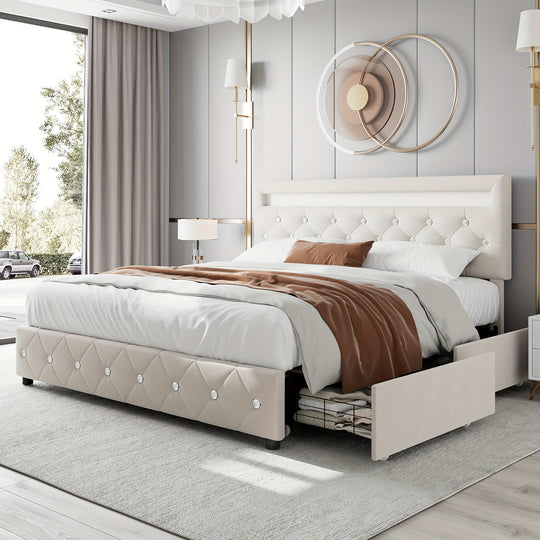 Full/Queen/King Size Upholstered Bed Frame With LED Lights Headboard And 4 Storage Drawers, Platform Bed With Crystal Button Tufted Headboard, No Box Spring Needed, Faux Leather/Velvet Fabric, White/Black/Velvet Beige