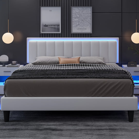 Led Bed Frame, Upholstered Faux Leather Headboard, Modern Design, No Box Spring