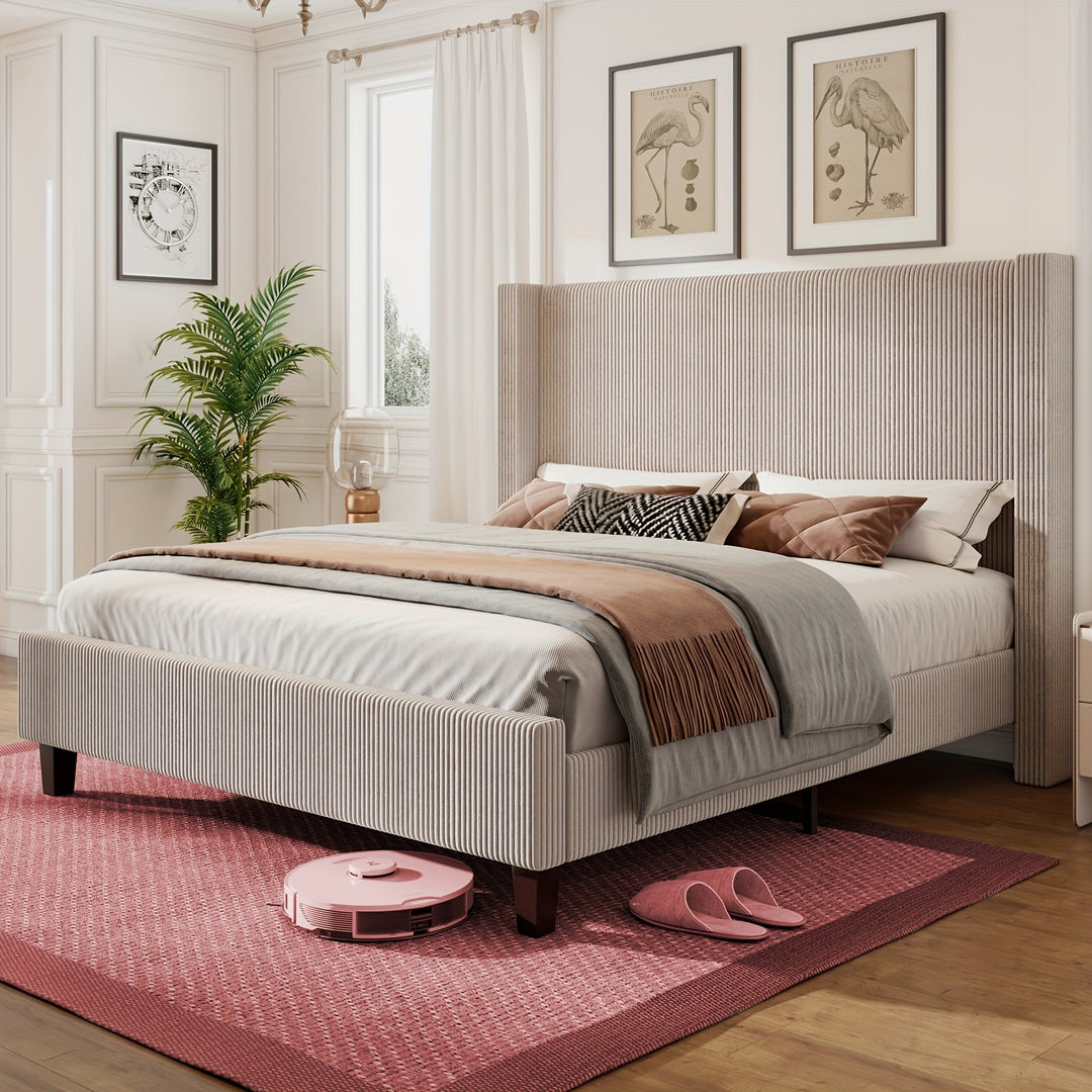 50.8" Upholstered Platform Bed Frame, Corduroy Bed Frame with Wingback Headboard with Solid Wood Legs, No Box Spring Needed