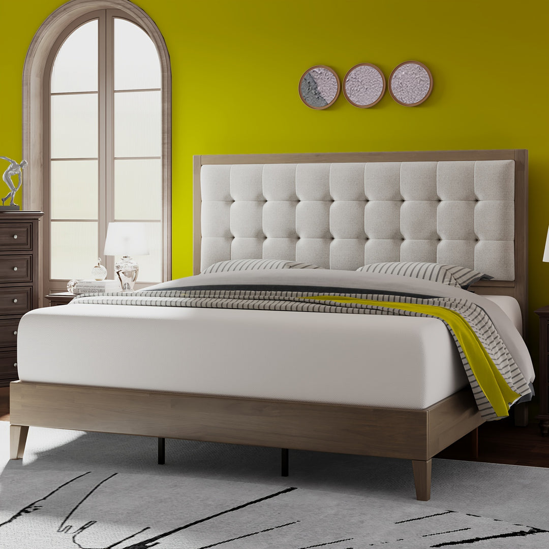 PaPaJet Wood Platform Bed with Headboard Upholstered Tufted Headboard/Solid Wood Bed No Box Spring Needed