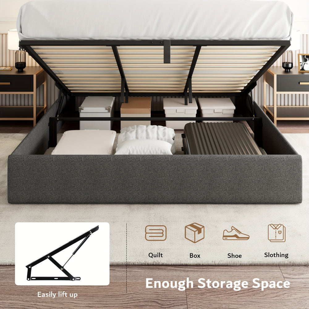 Lift Up Storage Bed, Platform Bed with Type C & USB Ports, Geometric Upholstered Headboard, Hydraulic Storage, Wooden Slats Support, Easy Assembly, Noise-Free