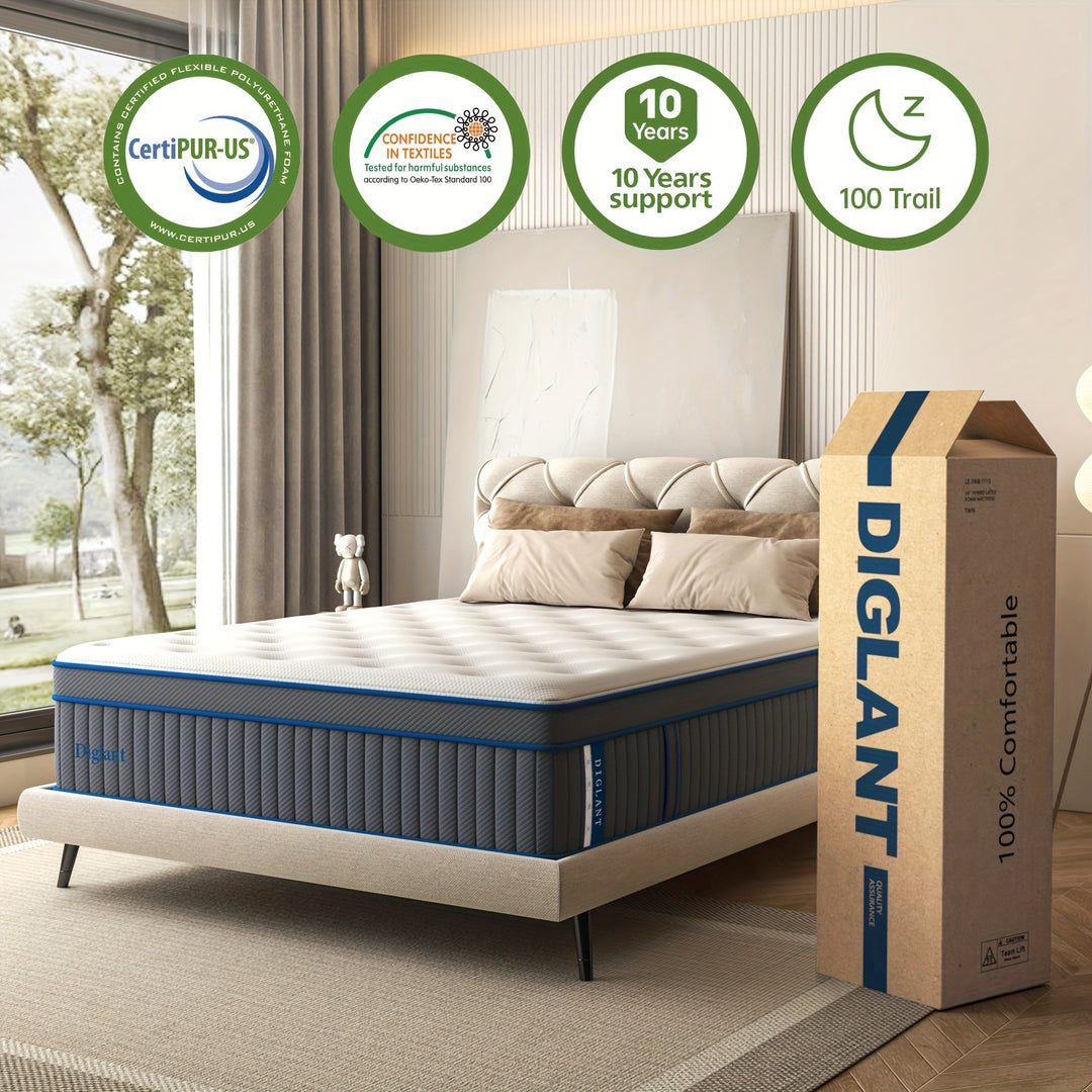 Lechepus 14 Inch Cooling Gel Memory Foam and 7-Zone Pocket Springs Hybrid Mattress, Medium Plush Mattress in Box, Mattress for Cooler Night and Pressure Relief, Fiberglass Free