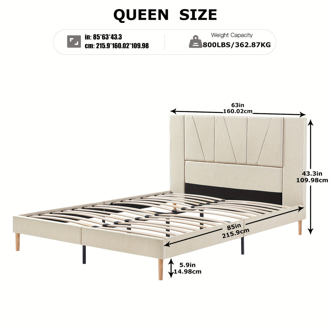 Bed Frame Upholstered Platform with Complete Headboard and Strong Wooden Slats, No Box Spring Needed, Easy Assembly, Noise Free, Mattress Foundation