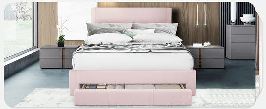 Queen Size Velvet Upholstered Bed Frame with Storage, Wood Platform Bed, 12 Slats, Wheels, Pink, Grey