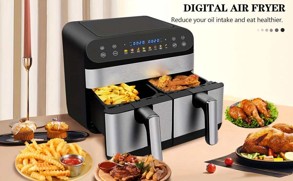 1800W 9L Double Air Fryer with 2 x 4.5L Independent Baskets, Dual Zone Family Size Healthy Oil-free Air Fryer Oven, Cookbook, 10 Presets & Digital LED Display