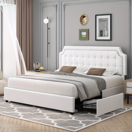 Upholstered Bed Frame with Storage Drawers, Platform Bed with Curved Button Tufted Headboard with Nailhead Trim, Solid Wooden Slats Support, No Box Spring Needed, Beige, White, Black, Full, Queen, King