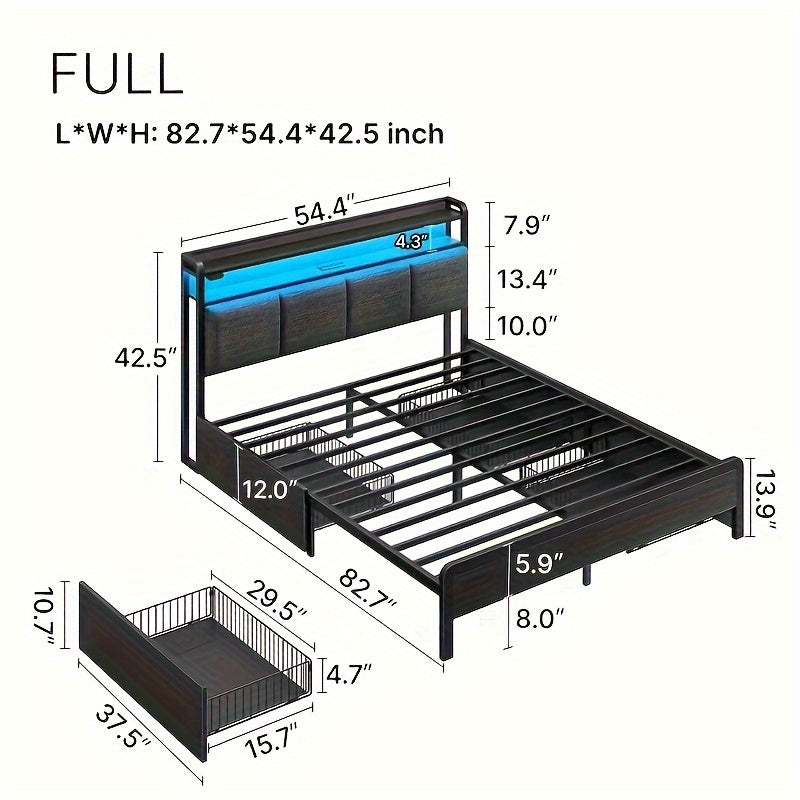 Twin/Full/King/Queen Size Bed Frame Avaliable, Bed Frame With Charging Station & 4 Storage Drawers & RGBW LED Lights, Linen Upholstered Headboard With 2-Tier Storage, Stable Metal Platform Bed, No Box Spring Needed, No Noise