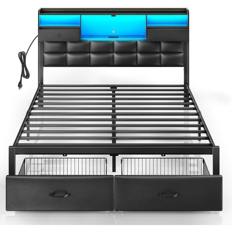 Bed Frame Full/Queen/King Size with Drawers and Charging Station, Upholstered Platform Bed with Storage Headboard and LED Light, Heavy Duty Metal Frame Support, No Box Spring Needed, Noise Free,