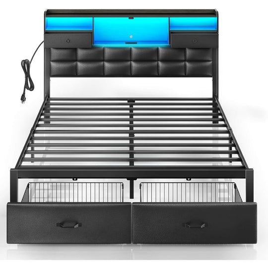 Bed Frame Full/Queen/King Size with Drawers and Charging Station, Upholstered Platform Bed with Storage Headboard and LED Light, Heavy Duty Metal Frame Support, No Box Spring Needed, Noise Free,