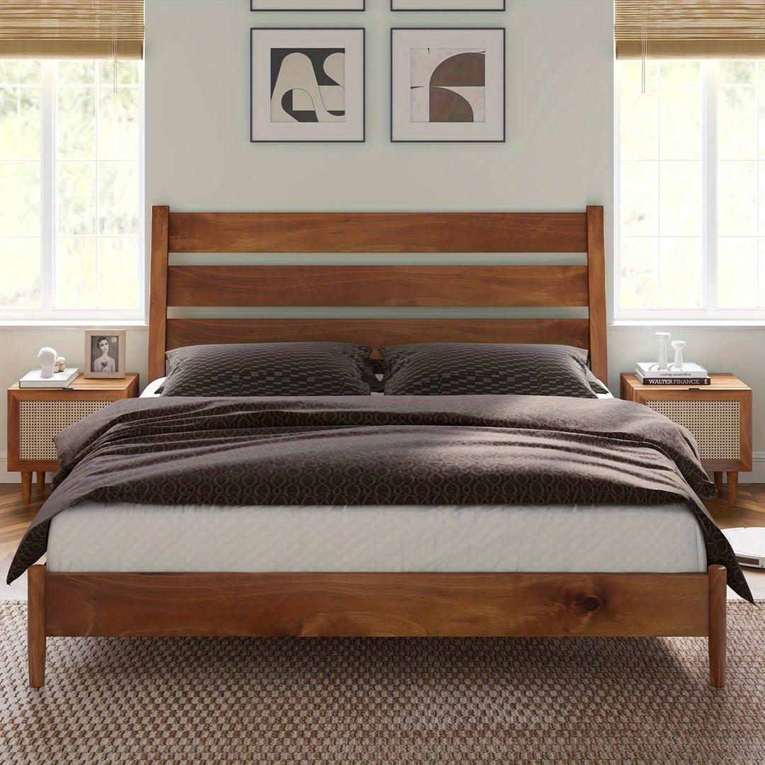 Solid Wood Bed Frame, Mid Century Platform Bed with Reclining Slatted Headboard, Wood Slat Support/No Box Spring Needed/Noise Free