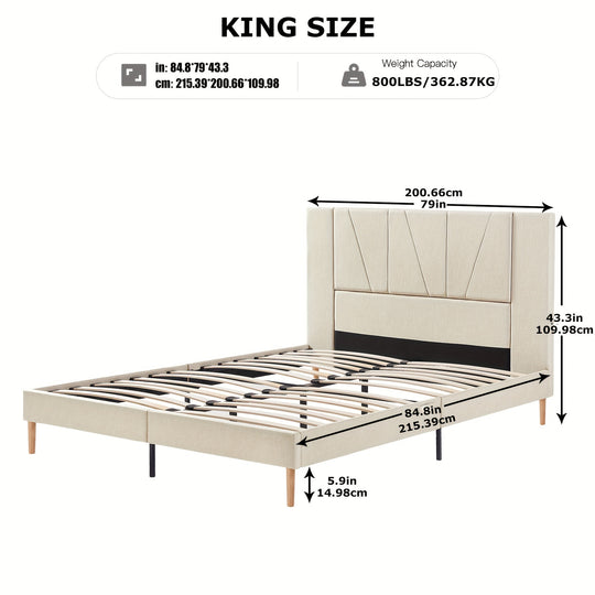 Bed Frame Upholstered Platform with Complete Headboard and Strong Wooden Slats, No Box Spring Needed, Easy Assembly, Noise Free, Mattress Foundation