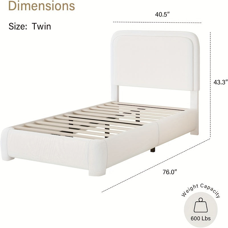 Boucle Upholstered Platform Bed Frame With Headboard, Modern Style, Soft Rounded Corners, No Box Spring Required, Easy Assembly