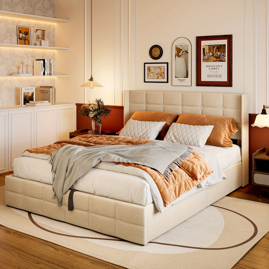 Elevate Your Bedroom With Our Full Lift-Up Storage Bed, Upholstered Platform Frame Featuring A Modern Wingback Headboard, Wooden Slats Support, And Convenient Hydraulic Storage, No Box Spring Required, Beige