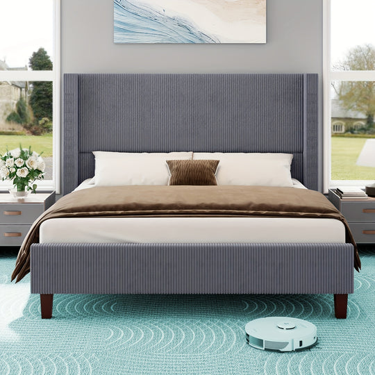 50.8" Upholstered Platform Bed Frame, Corduroy Bed Frame with Wingback Headboard with Solid Wood Legs, No Box Spring Needed