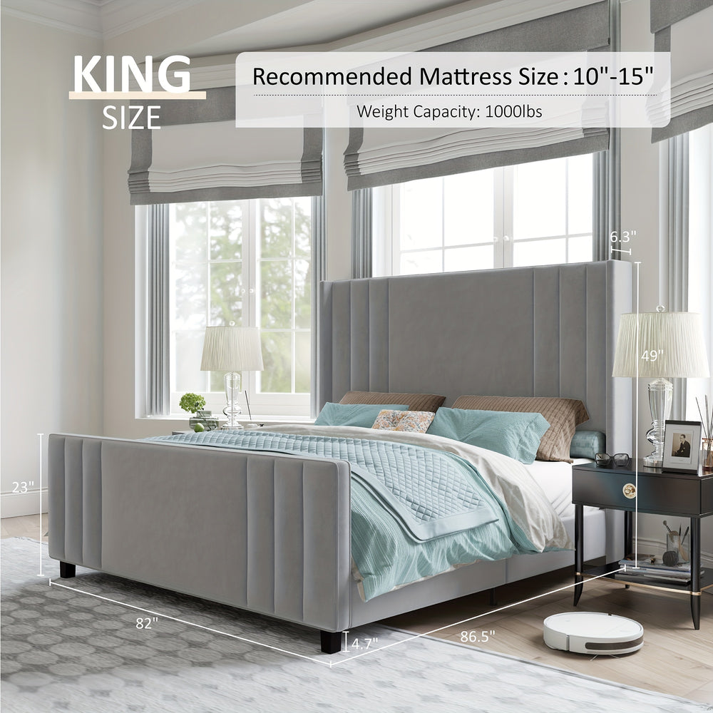 Luxurious Velvet Platform Bed Frames, Vertical Channel Tufted Headboard & Footboard/Wingback, Wood Slats, No Box Spring Required