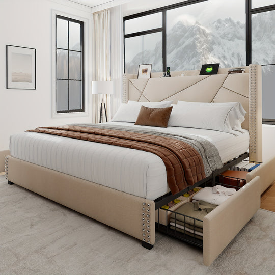 Upholstered Bed Frame with Storage Drawers, Charging Station, Wingback Headboard, No Box Spring Needed