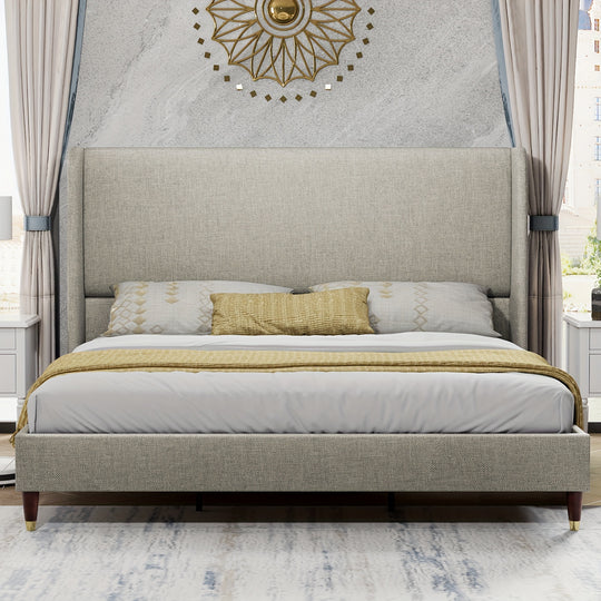 PaPaJet Linen Upholstered Platform Bed Frame with Wingback Headboard, No Box Spring Needed