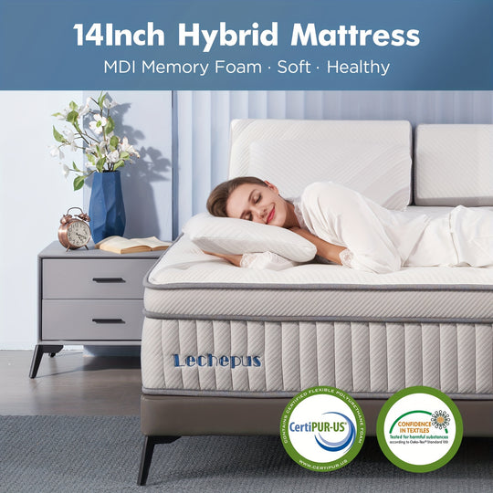 Lechepus 14 Inch Medium Plush Hybrid Mattress with Memory Foam & 7-Zone Individual Pocket Spring Mattress, Supportive & Pressure Relief, Mattress in a Box