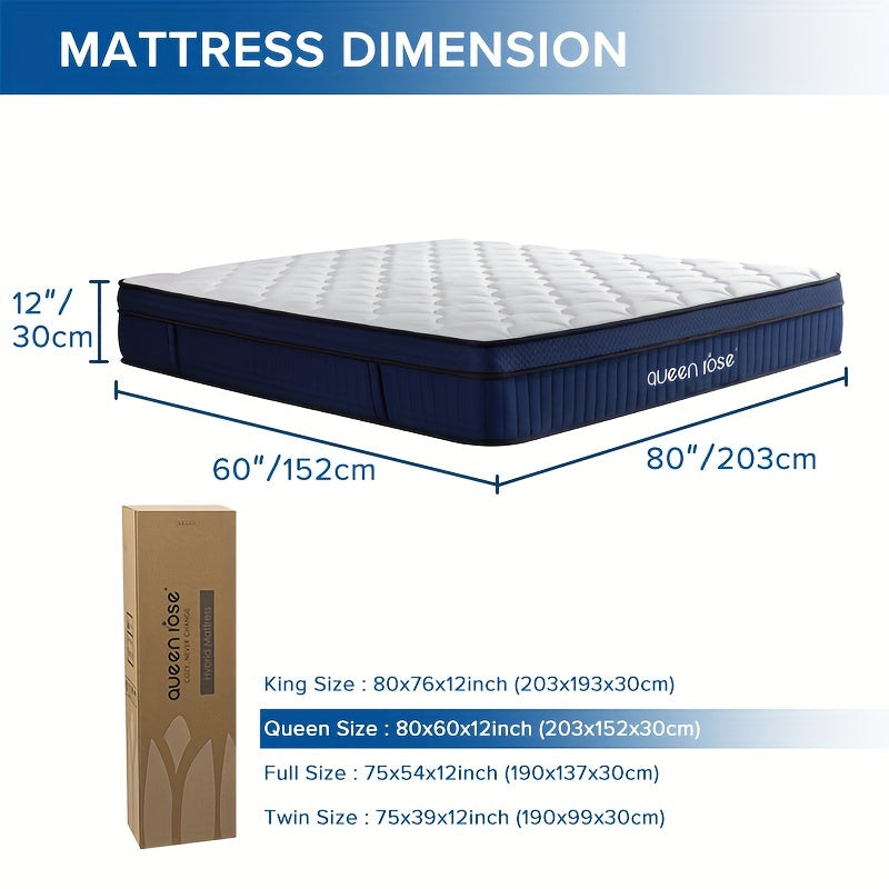 QUEEN ROSE, 12 Inch/14 Inch Hybrid Mattress In A Box With Gel Memory Foam, TWIN/ FULL/ QUEEN/ KING SIZE, Individually Wrapped Pocket Coils Innerspring, Medium Soft