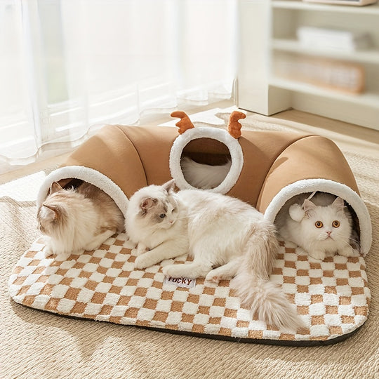 Cozy Plaid Holiday season Reindeer Cat Tunnel - Interactive Play & Sleep Bear-Shaped Pet Bed for Cats