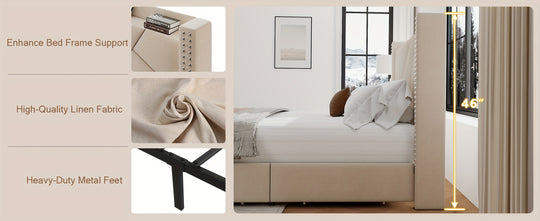 Upholstered Bed Frame with Storage Drawers, Charging Station, Wingback Headboard, No Box Spring Needed