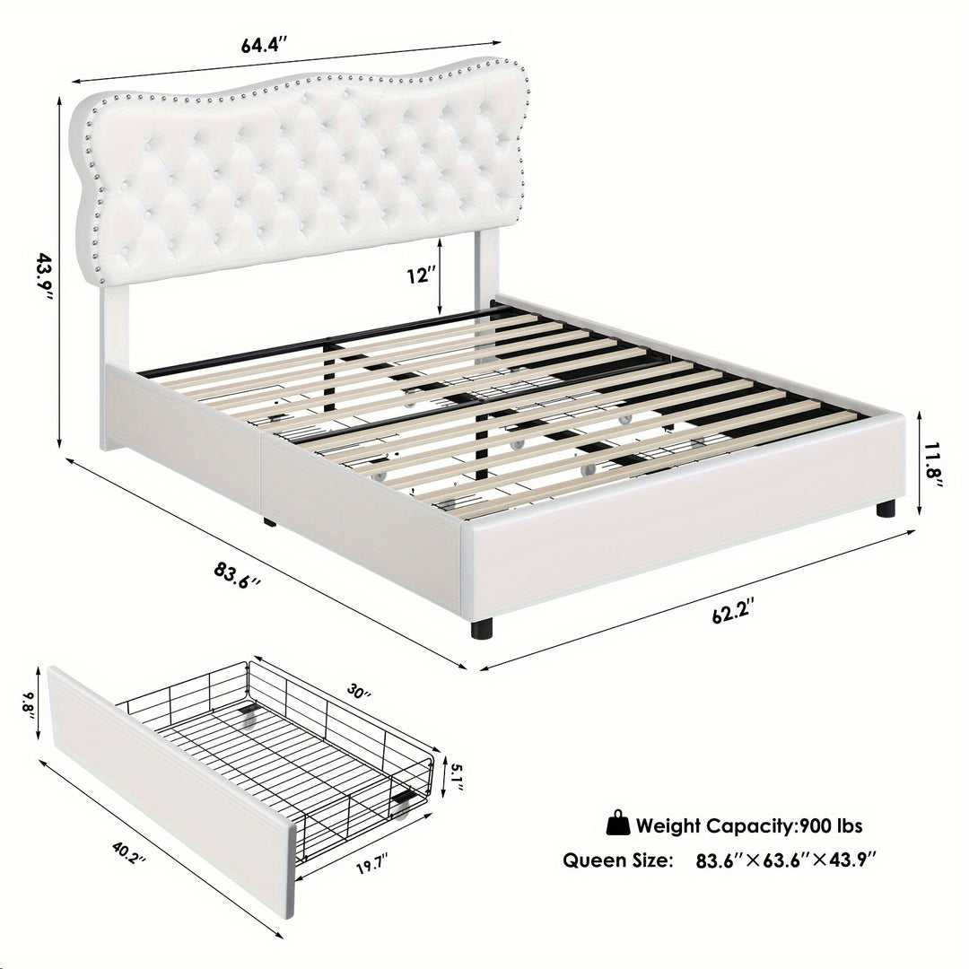 FULTRU Full/Queen/King Bed Frame with 4 Storage Drawers, Upholstered Platform Bed Frame with Button Tufted Headboard, Heavy Duty Mattress Foundation with Wooden Slats, No Box Spring Needed