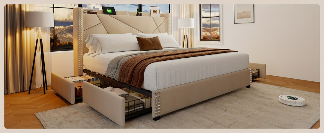 Upholstered Bed Frame with Storage Drawers, Charging Station, Wingback Headboard, No Box Spring Needed