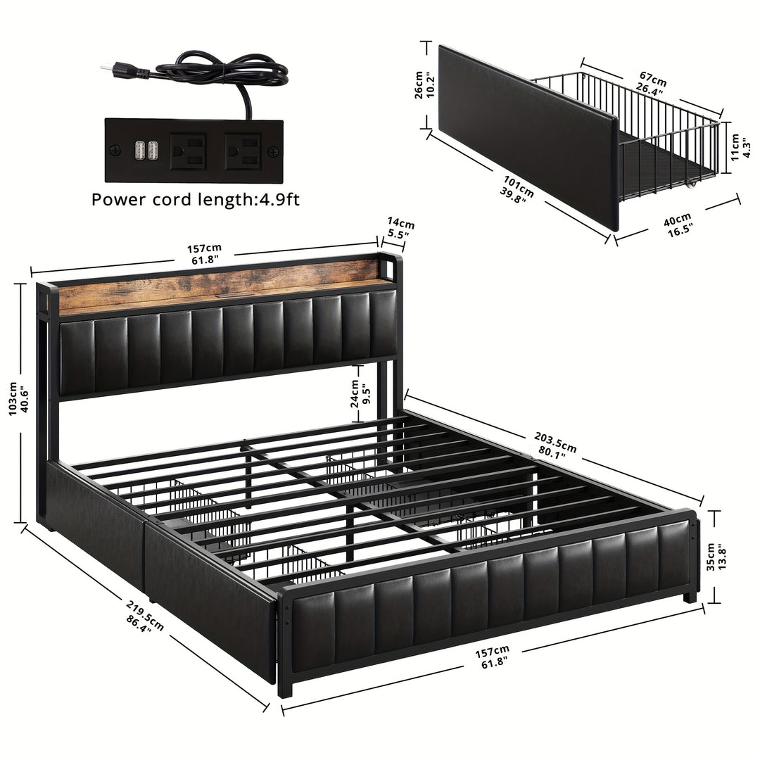 Queen Bed Frame With Storage Drawers In Headboard And Footboard, Upholstered Platform Bed Featuring USB Ports And Outlets, No Box Spring Required For Convenient Setup