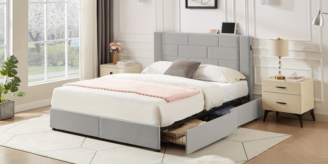 Upholstered Platform Bed Frame, 4 Drawers, Headboard, Charging Station, Full/Queen/King