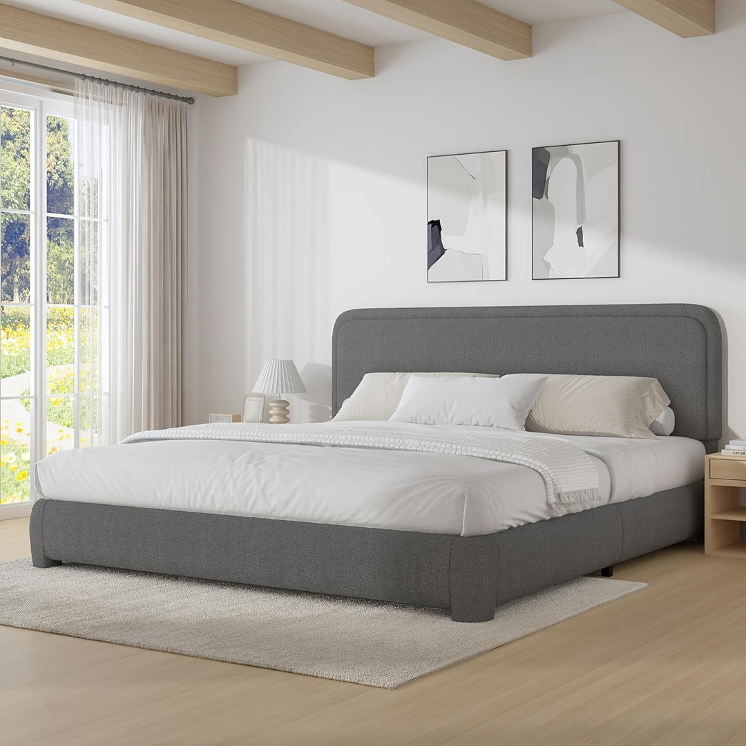 Boucle Upholstered Platform Bed Frame With Headboard, Modern Style, Soft Rounded Corners, No Box Spring Required, Easy Assembly