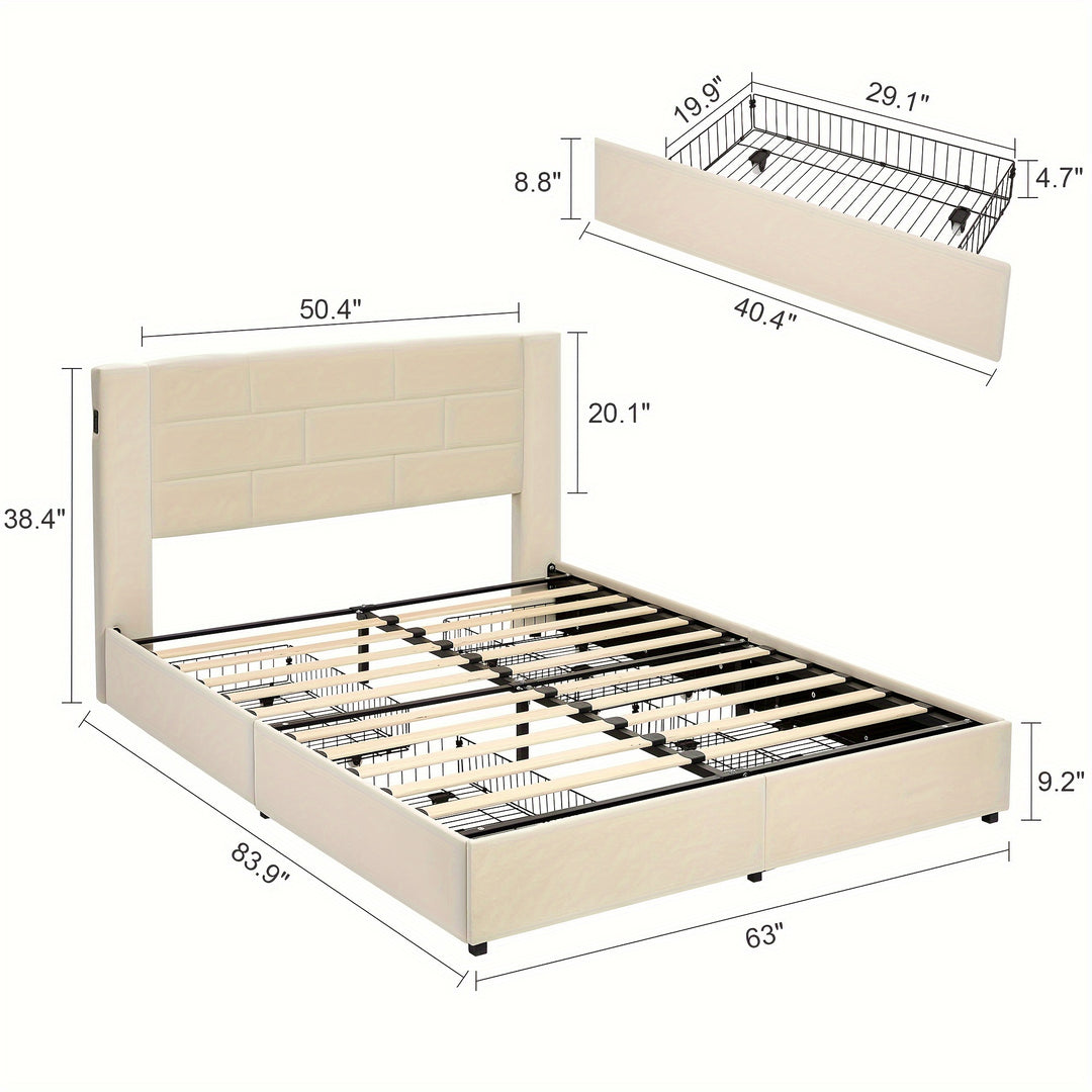 Upholstered Platform Bed Frame, 4 Drawers, Headboard, Charging Station, Full/Queen/King