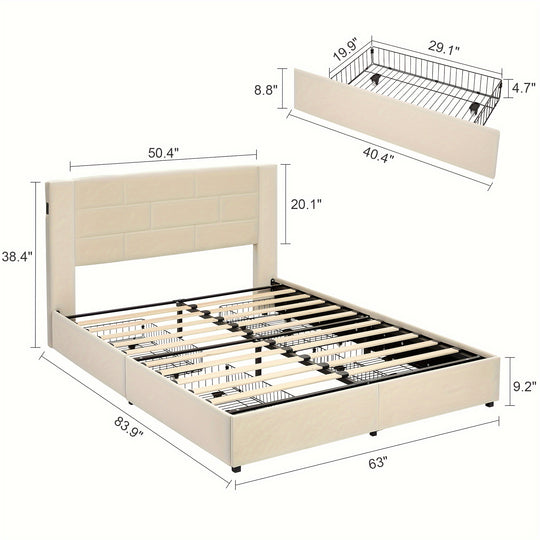 Upholstered Platform Bed Frame, 4 Drawers, Headboard, Charging Station, Full/Queen/King