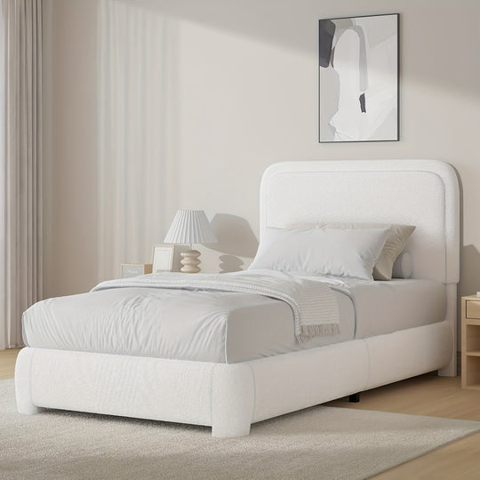 Boucle Upholstered Platform Bed Frame With Headboard, Modern Style, Soft Rounded Corners, No Box Spring Required, Easy Assembly