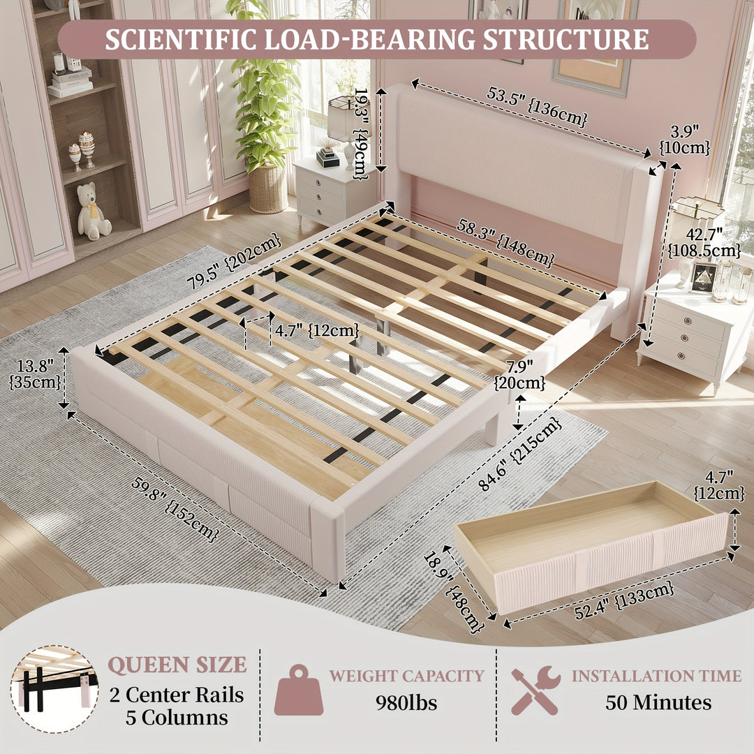 Queen Size Velvet Upholstered Bed Frame with Storage, Wood Platform Bed, 12 Slats, Wheels, Pink, Grey
