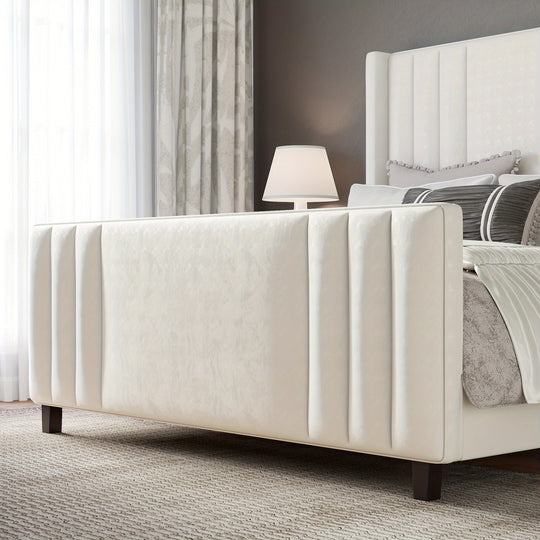 Luxurious Velvet Platform Bed Frames, Vertical Channel Tufted Headboard & Footboard/Wingback, Wood Slats, No Box Spring Required