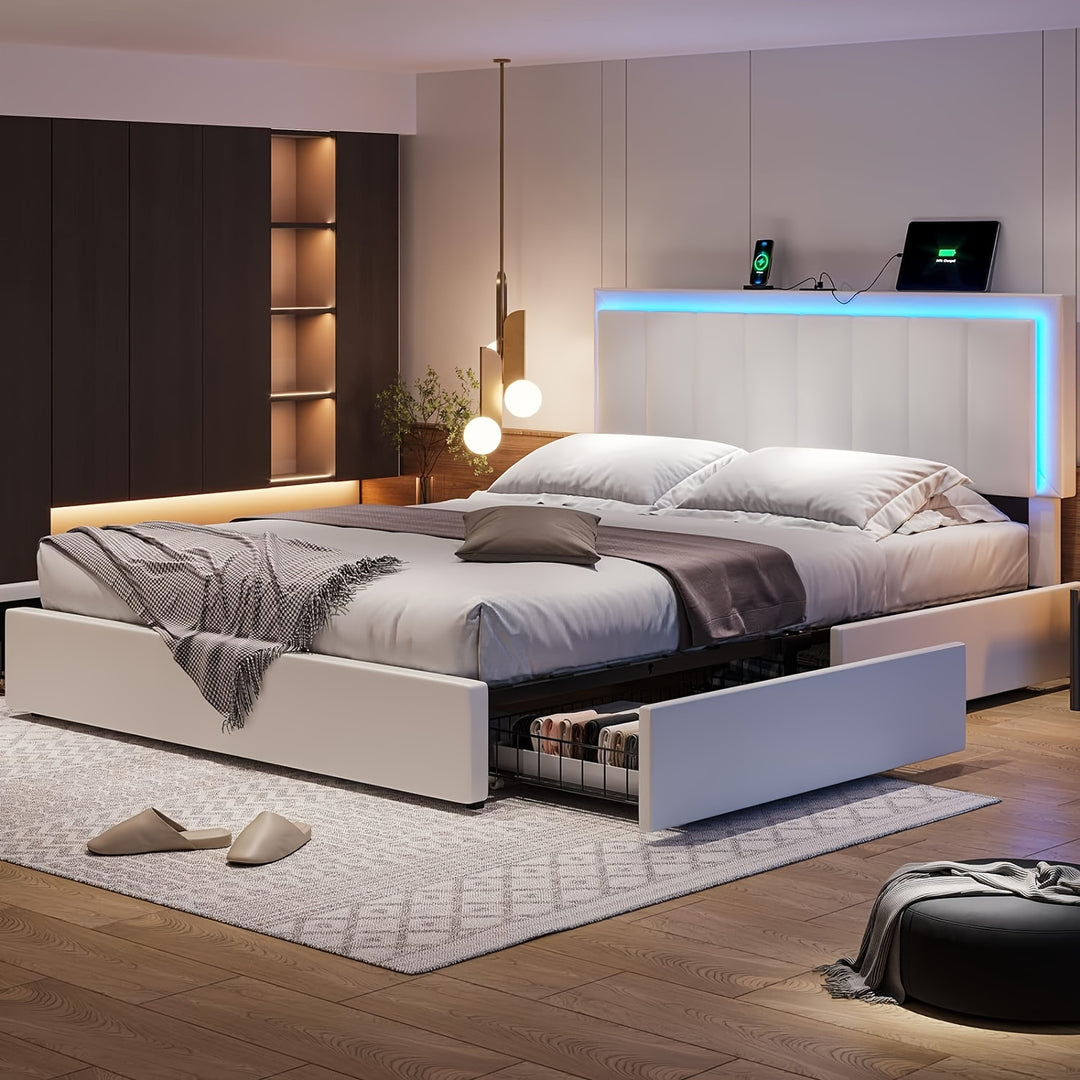 Full Bed Frame with LED Lights And Charging Station, Bedroom Storage Drawers, White