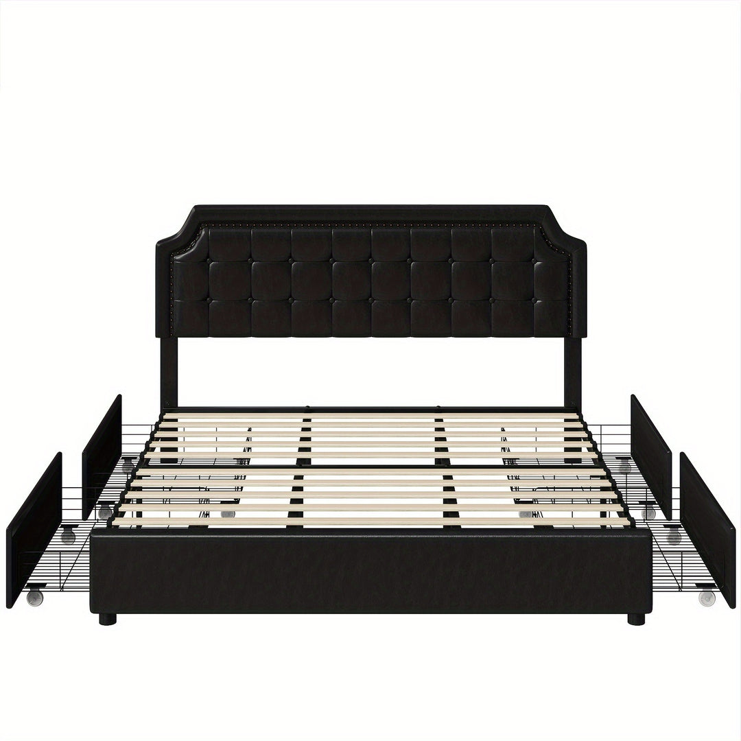 Upholstered Bed Frame with Storage Drawers, Platform Bed with Curved Button Tufted Headboard with Nailhead Trim, Solid Wooden Slats Support, No Box Spring Needed, Beige, White, Black, Full, Queen, King