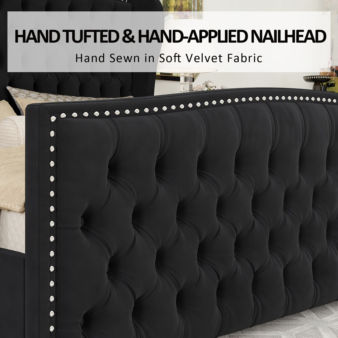 Platform Bed Frame, Velvet Upholstered Bed with Deep Button Tufted & Nailhead Trim Wingback Headboard/No Box Spring Required/