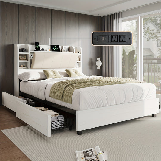 Upholstered Platform Bed Frame With 4 Storage Drawers, Industrial Design, Bookcase Headboard, And Built-in Charging Station