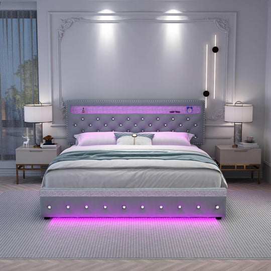 Sibeds Queen Size Bed Frame, LED Lights, Storage Drawers, Tufted Headboard, No Box Spring Needed