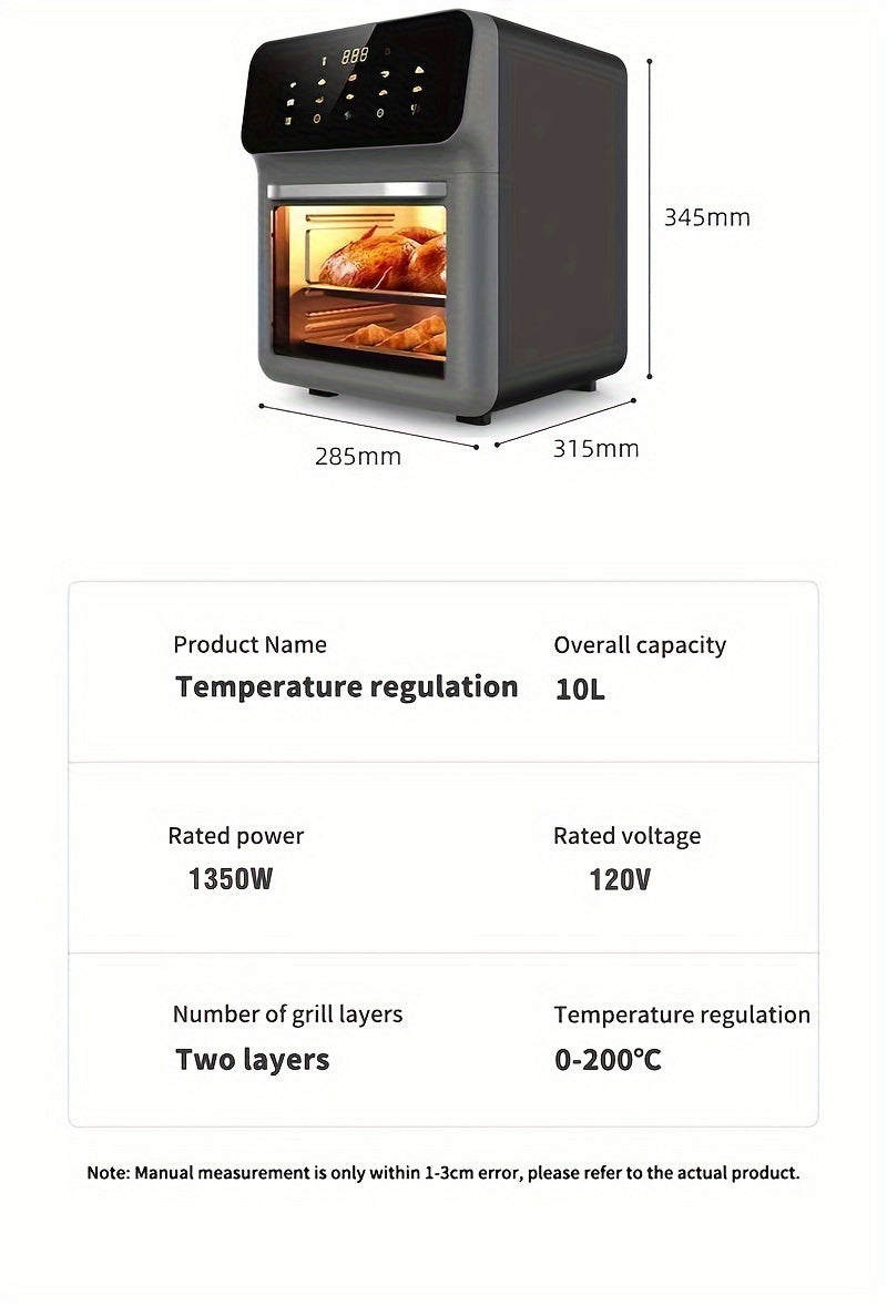 1350W 5D Hot Air 10L Family Air Fryer Oven - Stereoscopic Liner, 3 Modes, 18 Menus, Temp Control, Timer BBQ, Multi-Food, Home & Party, Versatile For Making Fries, Chicken, Steak, Pizza, Cakes Perfect For Home Cooking & Party