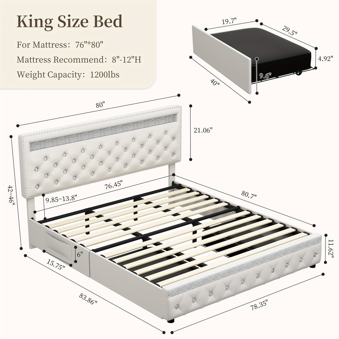 Queen Size Bed Frame With RGB LED Lights, Upholstered Bed Frames Full Size With 2 Storage Drawers, King Size Platform Bed With Adjustable Height Crystal Button Tufted Headboard, No Box Spring Needed, Noise-Free, Easy Assembly