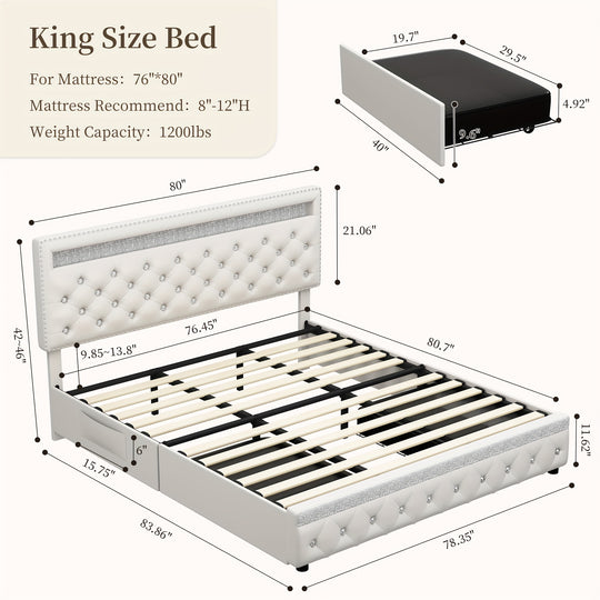 Queen Size Bed Frame With RGB LED Lights, Upholstered Bed Frames Full Size With 2 Storage Drawers, King Size Platform Bed With Adjustable Height Crystal Button Tufted Headboard, No Box Spring Needed, Noise-Free, Easy Assembly