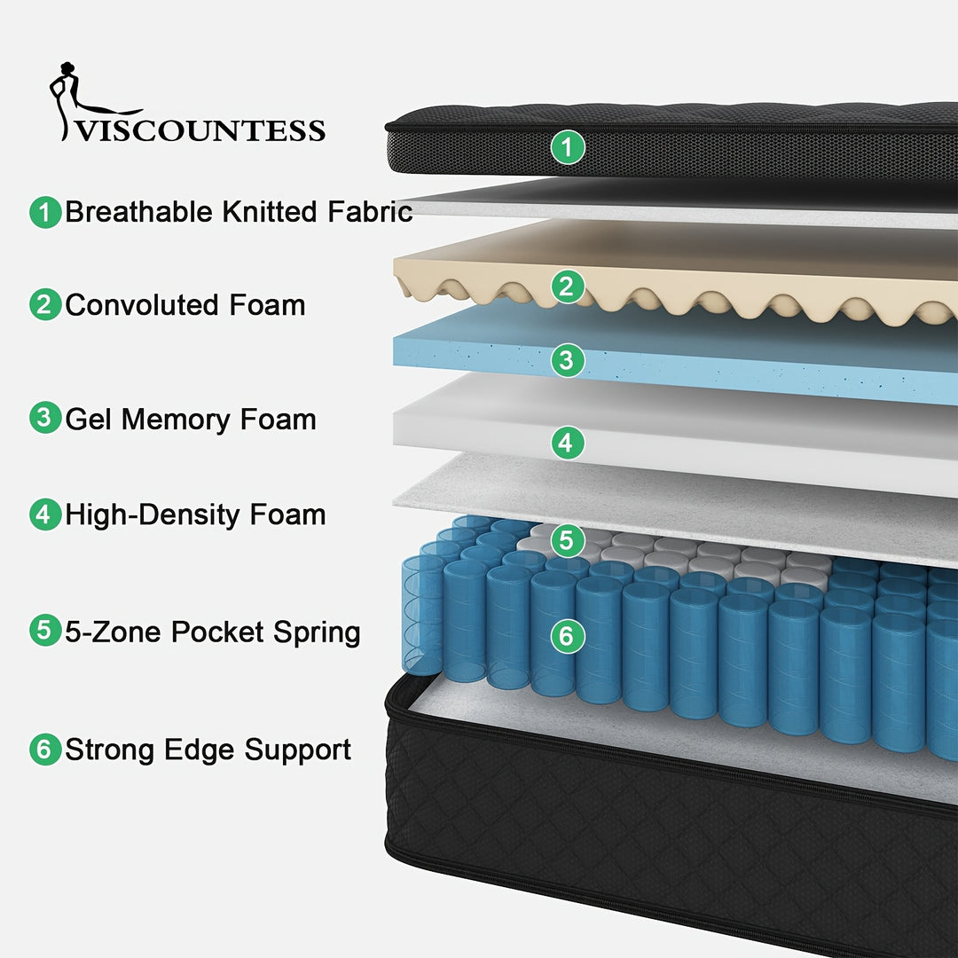 Viscountess 12" 14" Gel Memory Foam Hybrid Pocket Spring Mattress Twin Full Queen King Mattress In A Box